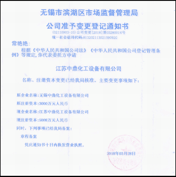 江蘇中鼎化工設備有限公司變更名稱：（原：無錫中鼎化工設備有限公司）名稱已經變更！